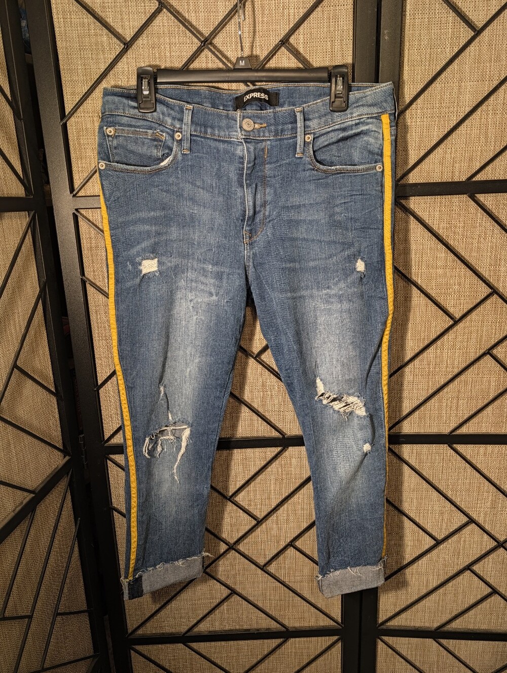 Express Distressed Yellow Piping Cropped Jeans